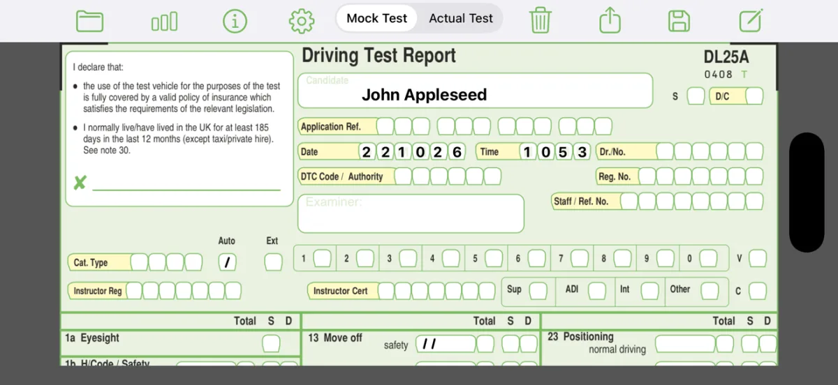 DL25 - Mock Test running on an iPhone, showing a Driving Test Report marking sheet