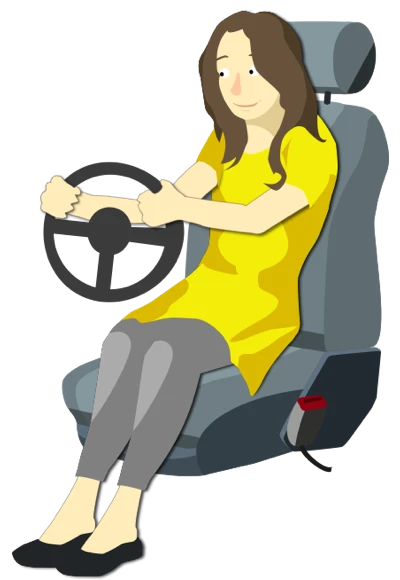 A driver sitting in the seat with both hands on the top of the steering wheel. Her elbows are slightly bent and her knee is slightly bent with the clutch pushed down, which is the position the seat adjustment is aiming for.