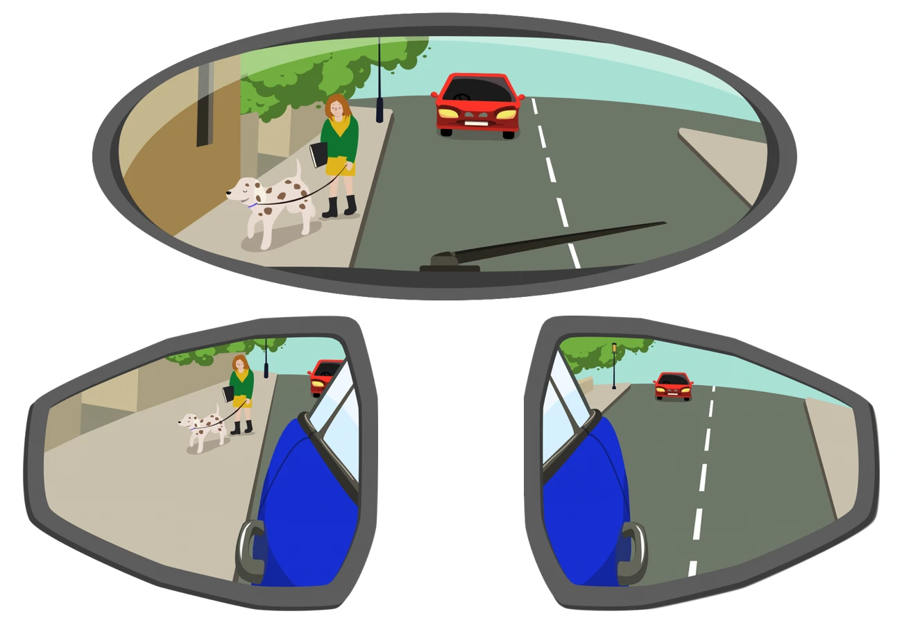 The same street scene as it appears in all three mirrors. The interior mirror shows the full width of the road behind, with a car approaching and a woman walking a dog on the pavement. Each door mirror shows a sliver of the car's own side along with part of that scene.