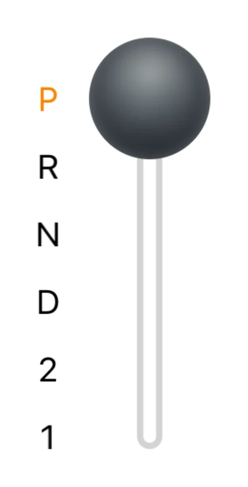 An automatic gearbox selector. The lever moves up and down a single slot past the positions P, R, N, D, 2 and 1, and is resting at P.
