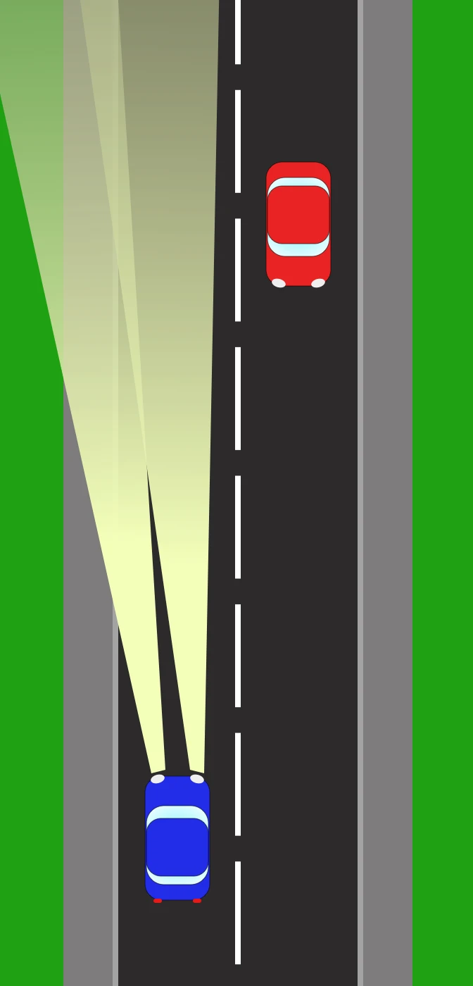 A road at night seen from above. The car behind has its headlights dipped, so the beams fall on the road surface and angle slightly to the left, away from the car ahead rather than into its mirrors.