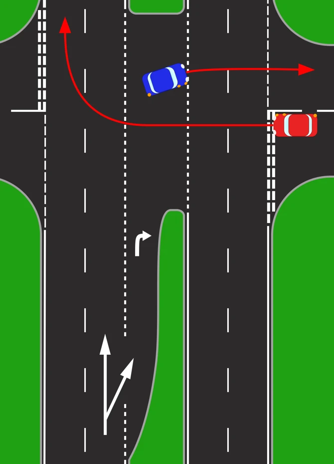 A dual carriageway with a gap in the central reservation. Red lines trace two paths: a blue car crossing the near carriageway and turning away up the far side, and a red car waiting in the gap to join. A right-turn arrow is painted in the approach lane below.