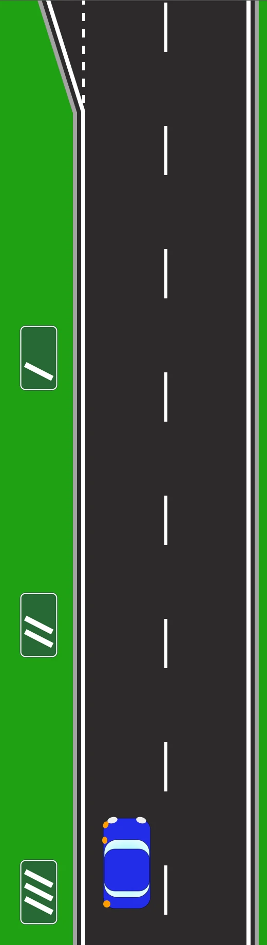 A dual carriageway with countdown markers set back on the verge - three diagonal bars, then two, then one - counting down the distance to the exit ahead. The blue car has moved into the left-hand lane with its left indicators on, ready to leave.