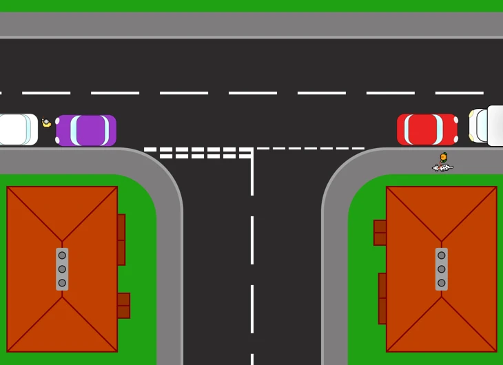 A closed give way junction from above. Houses and garden walls come right up to both corners and cars are parked along the major road, so a driver waiting at the give way line can see very little either way until the car is well forward. A pedestrian stands on the corner.