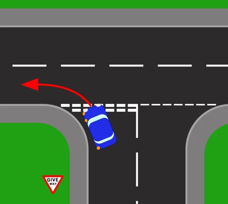 Emerging left from a minor road onto a major one. A red arrow curves from the blue car waiting at the broken give way lines round to the left along the major road, with a GIVE WAY sign on the corner behind it.