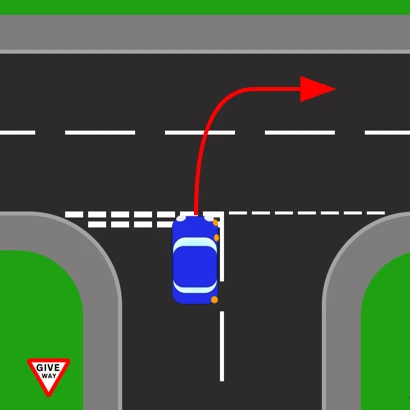 Emerging right from a minor road onto a major one. A red arrow curves from the blue car waiting at the broken give way lines across the near side of the major road and away to the right, with a GIVE WAY sign on the corner.