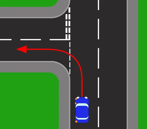 Turning left from a major road into a side road. A red arrow curves from the blue car's lane round into the side road on the left, whose mouth is marked with broken give way lines.