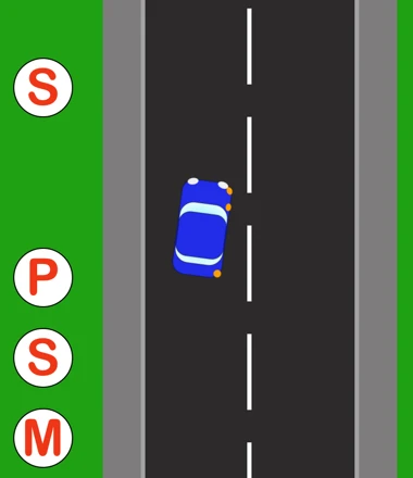 A car approaching a right turn with the letters M, S, P and S set out along the verge in the order the driver passes them - Mirror, Signal, Position, Speed - marking the routine to work through on the approach. The car has already moved towards the centre line.