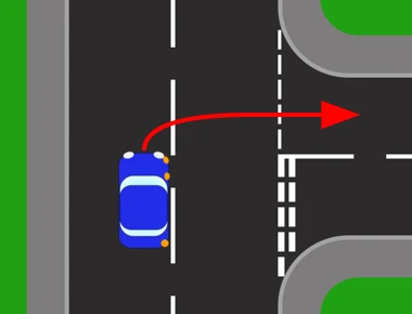 Turning right from a major road into a side road on the right. A red arrow curves from the blue car's lane across the opposite side of the road and into the side road, whose mouth is marked with broken give way lines.