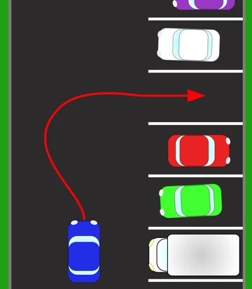 A car park from above with a row of bays down the right-hand side, four of them taken by a purple, a white, a red and a green car. A red arrow curves from the blue car up the aisle and round into an empty bay.