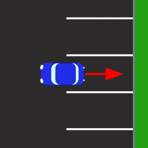 A car reversing into a parking bay between two white bay lines, with a red arrow showing the direction it is moving.