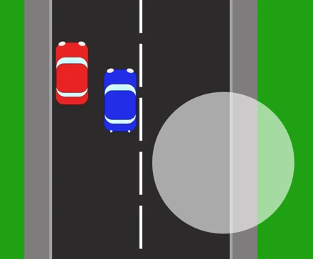 The first stage of a parallel park. The blue car has drawn up alongside the parked red car, roughly level with it, and a shaded circle marks the area behind that has to be checked before reversing.