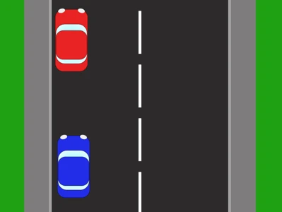 The finished parallel park. The blue car sits straight and parallel to the kerb, a short distance behind the parked red car.