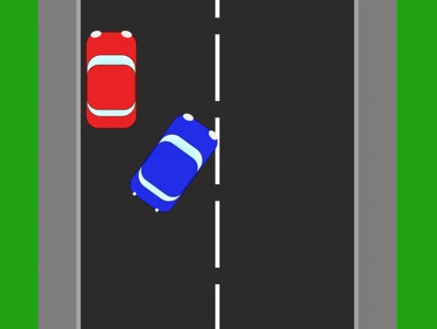 The second stage of a parallel park. The blue car has reversed back at an angle, its front swinging out towards the centre of the road as the back of the car comes in towards the kerb behind the red car.
