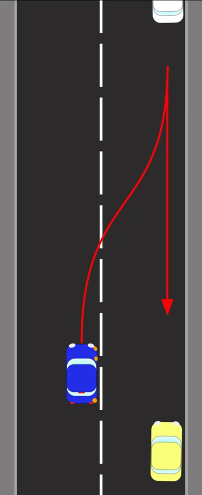 Pulling up on the right-hand side of the road. A red arrow shows the blue car crossing the centre line towards the right-hand kerb, while a second arrow beside it shows the direction traffic travels on that side. A white and a yellow car are parked further along the right.