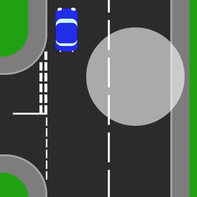 Approaching the side road on the left to reverse into. The blue car has driven past the junction, and a large shaded circle marks the stretch of road that has to be kept under observation throughout the manoeuvre.