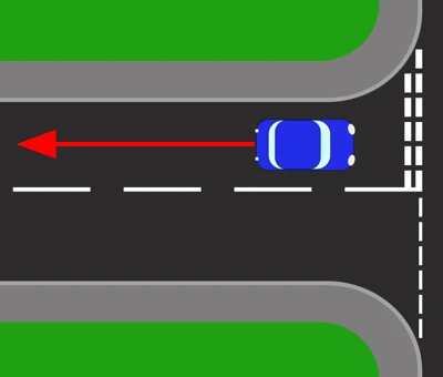 The blue car straightened up in the side road with a red arrow pointing back along it, showing the car continuing to reverse in a straight line parallel to the kerb.