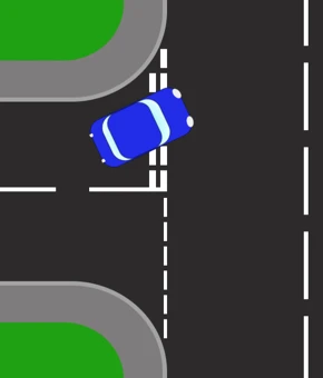 The blue car angled across the mouth of the side road as it reverses round the corner to the left, the back of the car already into the side road.