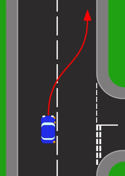 Approaching a side road on the right to reverse into. A red arrow curves from the blue car across to the right-hand side of the road and on past the junction, whose mouth is marked with broken give way lines.