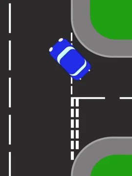 The blue car angled at the mouth of the side road on the right as it reverses round the corner, the back of the car already into the side road.