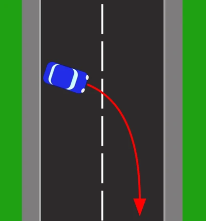 The third move of a turn in the road. The car is angled near the left-hand kerb, and a red arrow curves out and away down the road, now facing the opposite direction.