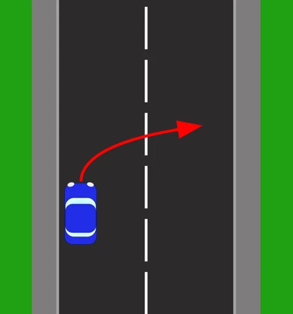 The first move of a turn in the road. A red arrow curves from the blue car at the left-hand kerb across to the right-hand side of the road.