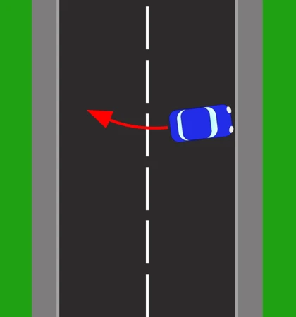 The second move of a turn in the road. The car now faces the right-hand kerb, and a red arrow points back to the left to show it reversing across the road.