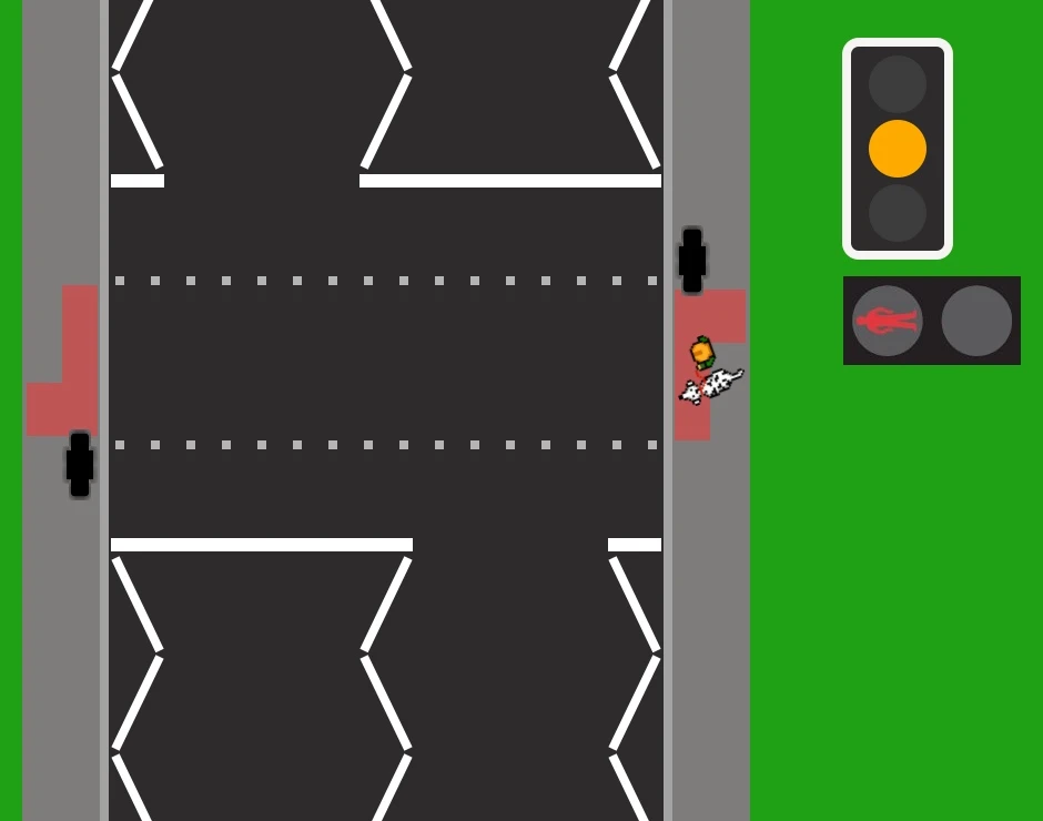 A pelican crossing from above, marked by two rows of studs across the road and zig-zag lines on the approach. The traffic signal beside it shows amber, while the pedestrian signal shows a red figure, and a pedestrian with a dog waits on the red-surfaced pavement.