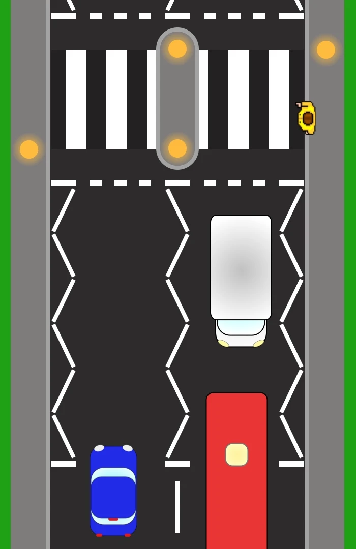 A zebra crossing from above. Broad white stripes run across the road between two flashing orange belisha beacons, zig-zag lines mark the approach on both sides, and a pedestrian waits at the kerb as a van and a car come to a stop short of the give way line.