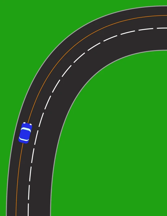 A right-hand bend seen from above. The car follows a curved path close to the left-hand edge of its lane, keeping it away from the centre line and from anything coming the other way.