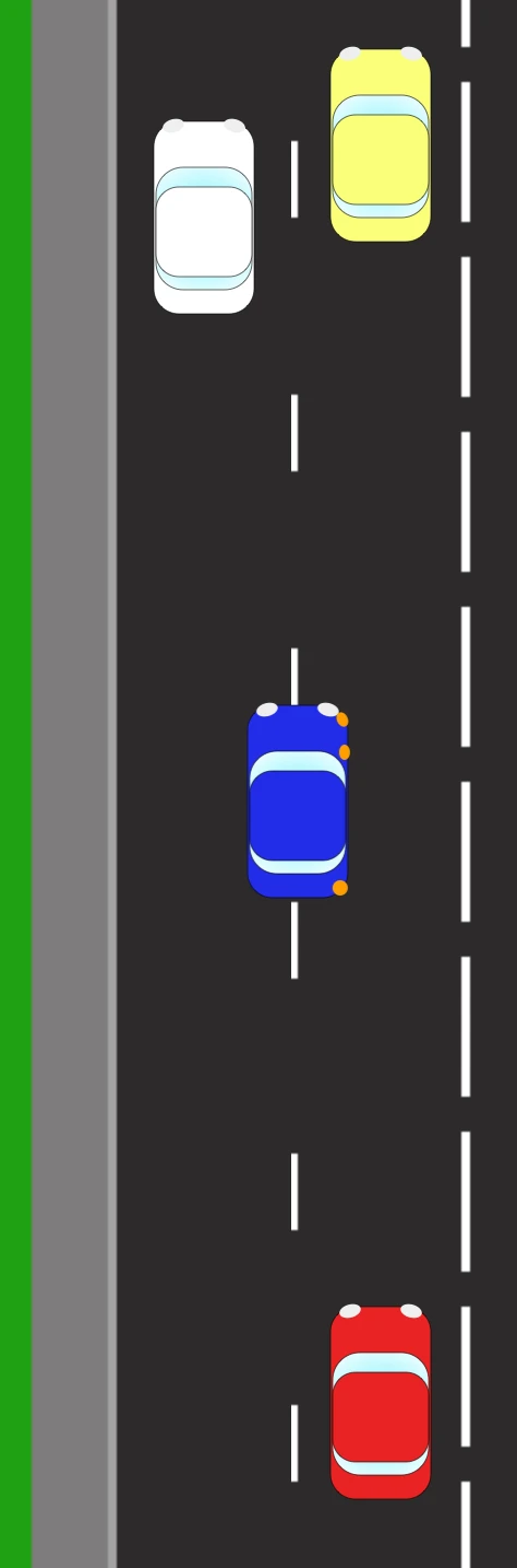 A two-lane road from above. A blue car in the left-hand lane has its right-hand indicators flashing to move across, with a white and a yellow car ahead of it and a red car following behind.