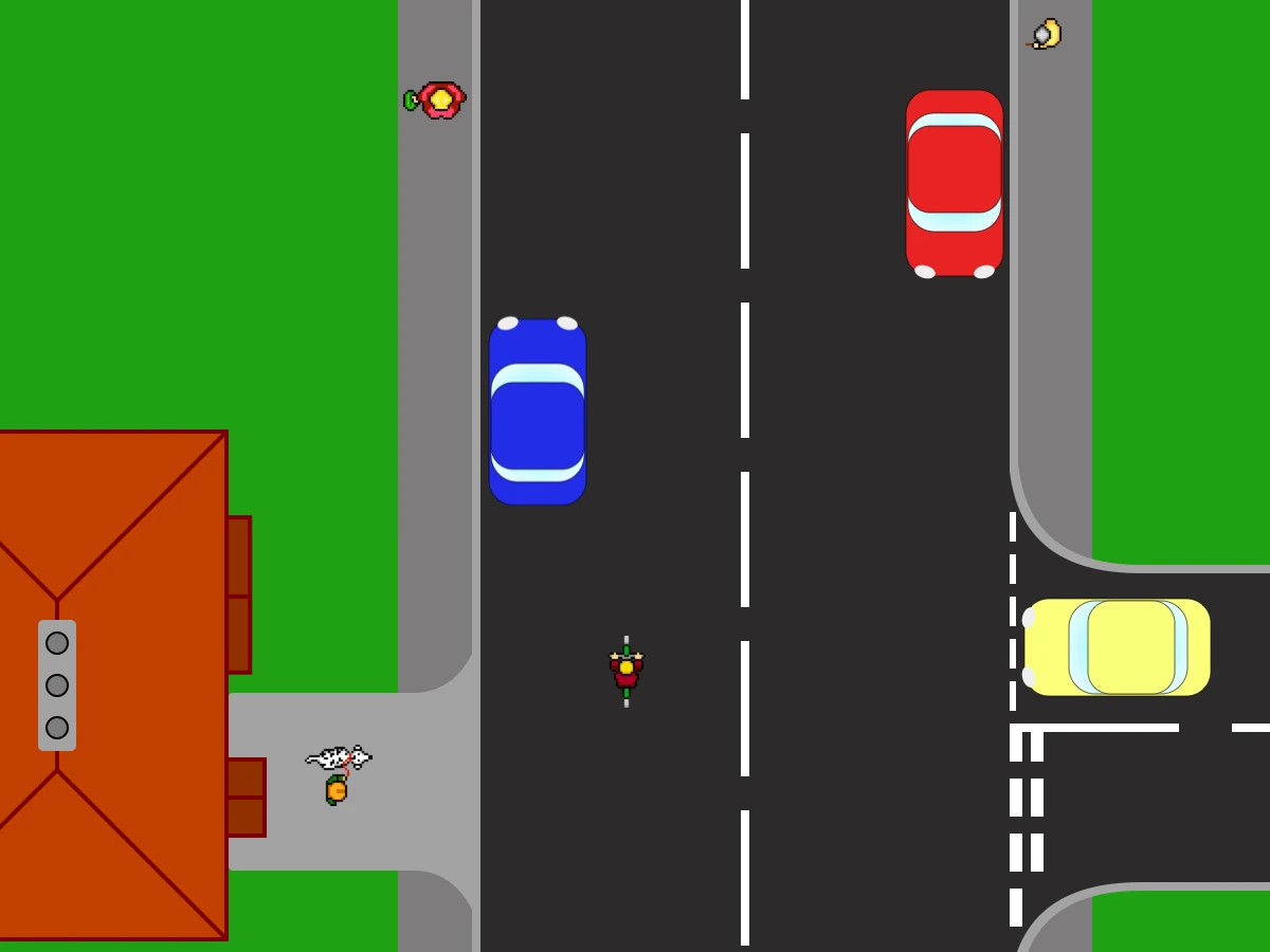 A residential street from above. A blue car waits at the kerb ready to move off. A motorcyclist is approaching from behind in the same lane, a red car is parked further up on the opposite side, and a pedestrian with a dog stands on the pavement by a side road.