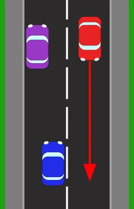 A narrow road from above with a purple car parked on the left-hand side. A blue car comes up behind the parked car while a red car travels the other way, its path marked by an arrow, so the blue car is the one whose side is blocked.