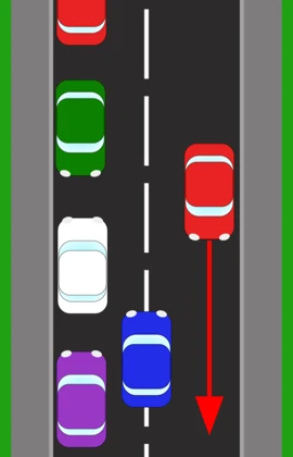 Four cars parked nose to tail along the left of a road. A blue car travelling up the road meets a red car coming the other way, its path marked by an arrow, and the parked cars leave only a narrow gap for the two to pass.