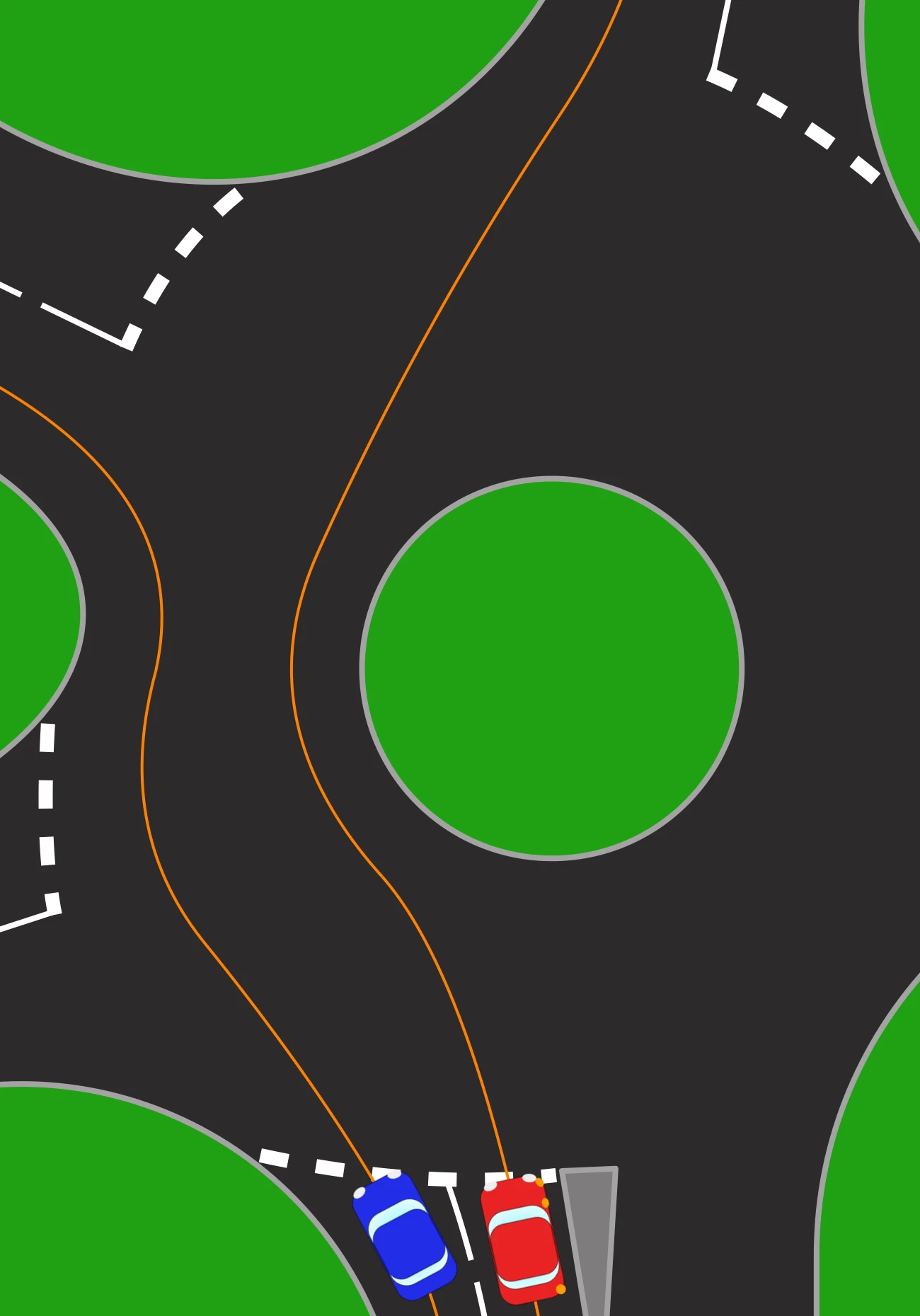 A large roundabout with a wide grass island and multiple lanes. Two orange lines trace the paths of a blue and a red car waiting side by side at the entry below, each curving round the island and out at the exit for a right turn.