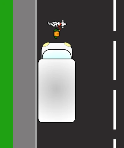 A white van seen from above with a pedestrian walking a dog crossing the road just in front of it, hidden from anyone following behind.