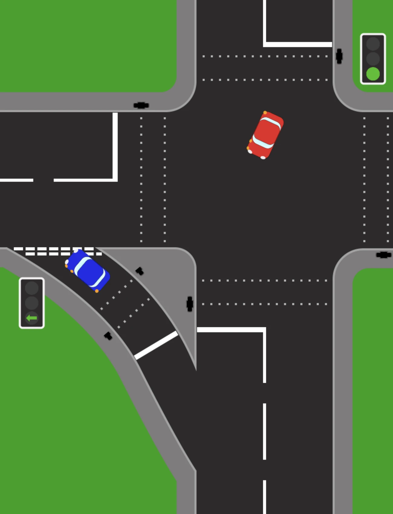 A light-controlled junction with a separate left filter lane running behind a traffic island. A blue car waits in the filter lane with the filter signal beside it showing a green arrow, while a red car crosses the junction ahead.