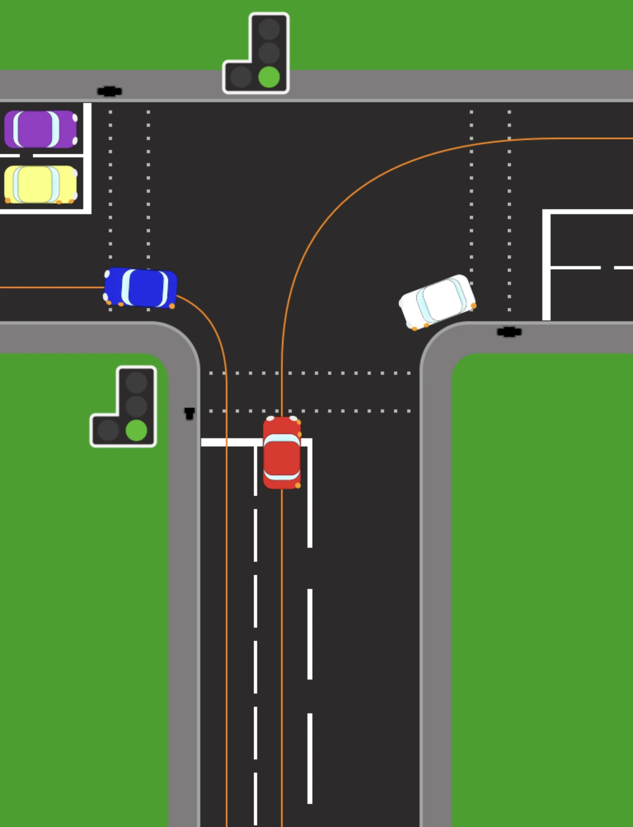 A light-controlled T-junction from above. Two signals show a green filter arrow, and orange lines trace the paths of cars turning left and right out of the stem of the T.