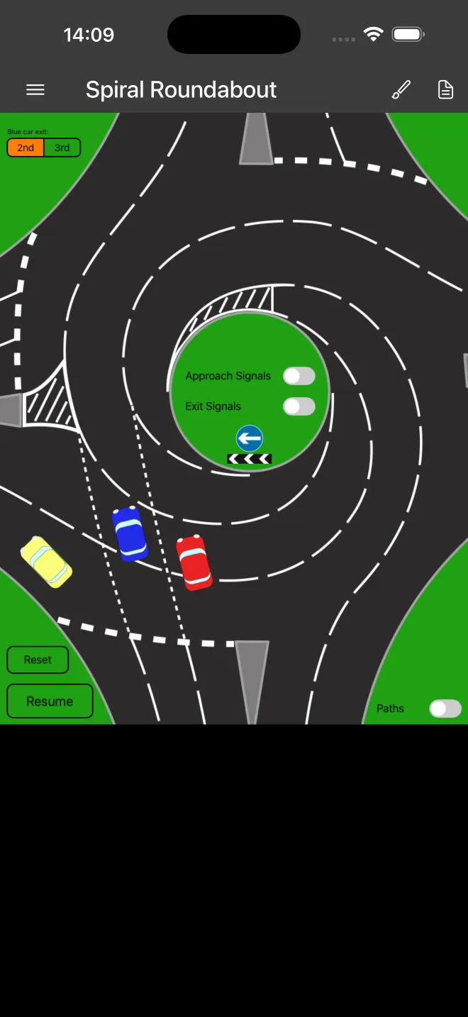 Lessons by Neil Beaver running on an iPhone, showing an animated spiral roundabout lesson diagram