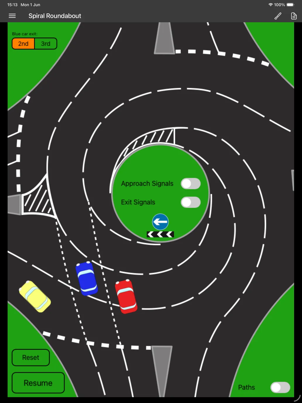 Roads by Neil Beaver running on an iPad, showing a detailed road layout diagram